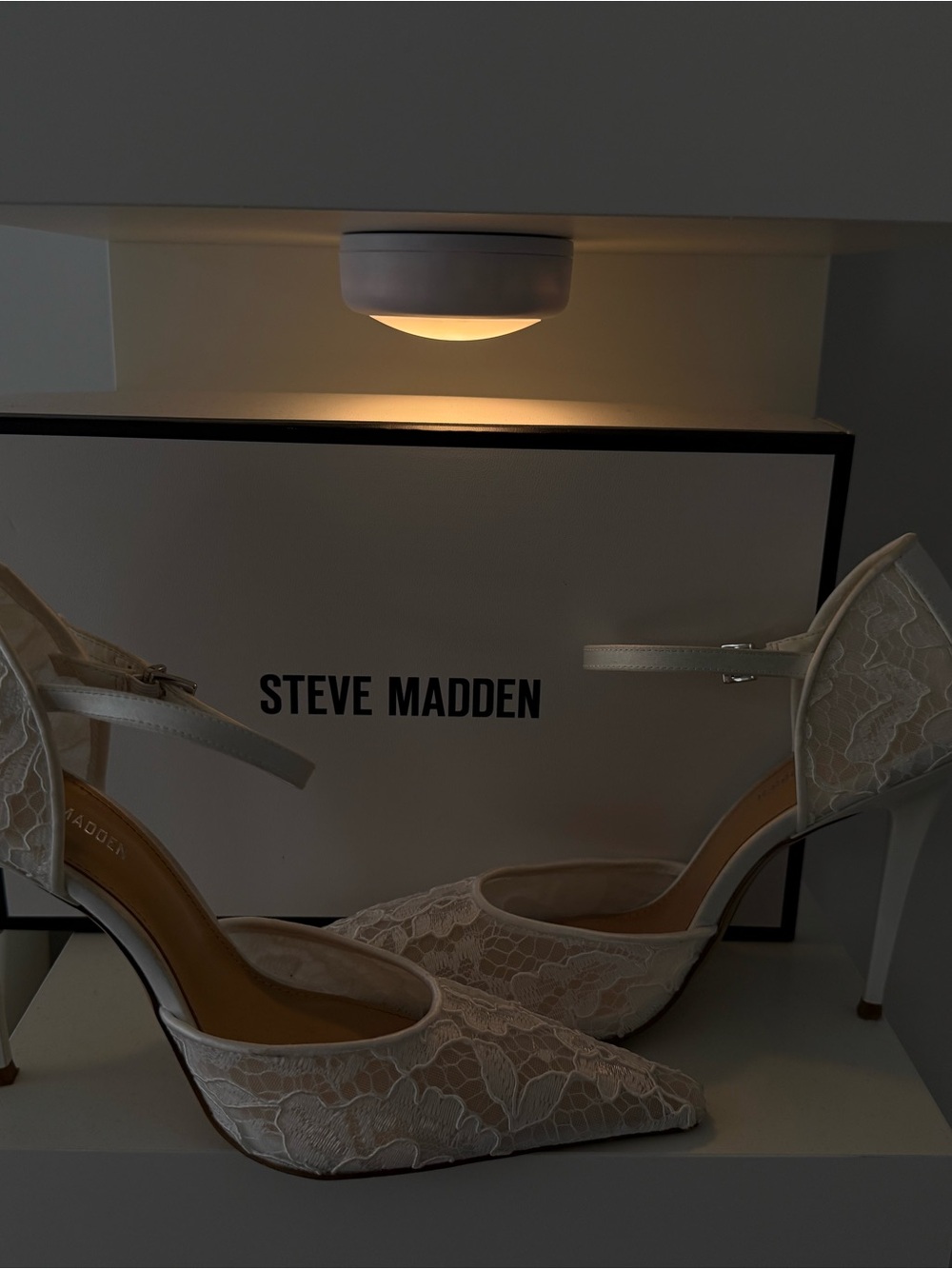 Steve Madden White Lace Pointed Ankle-Strap Stilettos